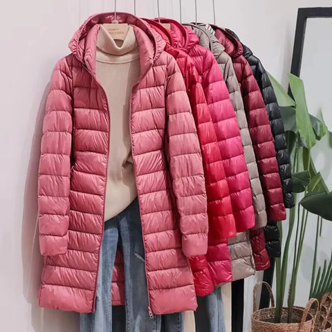 Outerwear Winter Women Korean Slim Remove Hooded Parka Down Jackets Long Light Thin Coat Puffer Jacket