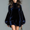 Autumn Women's Velvet Elegant Mini Party Dress Solid High Neck Lantern Sleeve Loose French Dress Female Chic Dresses