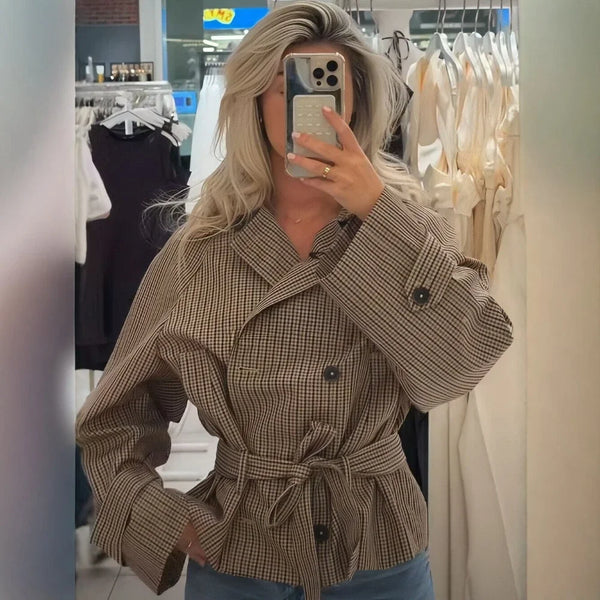 Women Plaid Short Trench Coat Lapel Double Breasted Belted Waist Long Sleeve Cropped Windbreaker Casual Outerwear Jacket