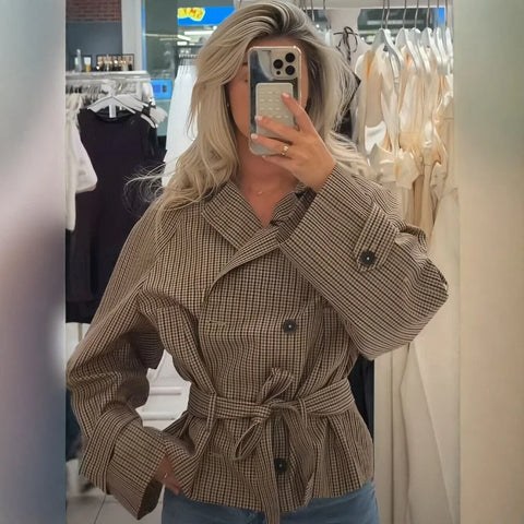 Women Plaid Short Trench Coat Lapel Double Breasted Belted Waist Long Sleeve Cropped Windbreaker Casual Outerwear Jacket