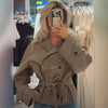 Women Plaid Short Trench Coat Lapel Double Breasted Belted Waist Long Sleeve Cropped Windbreaker Casual Outerwear Jacket