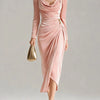 European and American Women's Casual Gold Velvet Sexy Long-Sleeve Slim Pleated Long Split Bodycon Dress