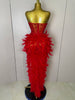Stock Women Sexy Sparkly Rhinestone Mesh Feather Long Dress Elegant Evening Party Celebrate Birthday Performance Costume
