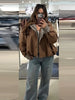 Brown Stand Collar Short Jacket Classic Plaid Contrast Cuff Oversized Casual Coat Autumn Lady Daily Street Outerwear