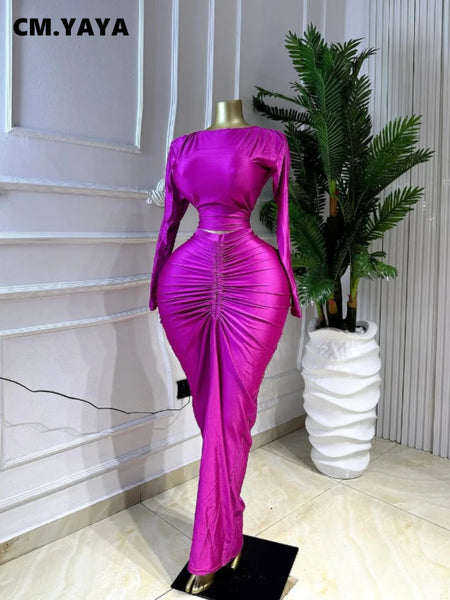Ruched Women's Dress Set Crop Tops and Bodycon Long Skirts Suit Spring Street Sexy Two 2 Piece Set Outfit