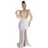 Women Mesh See Through Long Sleeve Diamonds Rhinestones Mermaid Long Dress Fall Evening Sexy Party Dresses Vestidos