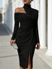 Women's Elegant Off Shoulder High Neck Midi Dress Long Sleeve Ruched Bodycon Package Hip Dress With Slit Formal Party Dress