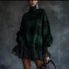 European American Plaid Ruffle Hem Mini Dress for Women Temperament High Neck Long Sleeve High Street Loose Dress for Autumn