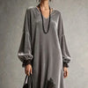 Elegant Women Velvet Dress Lace Splicing Lantern Long Sleeves V Neck Midi Dress Asymmetric Lace Hem Evening Party Dress