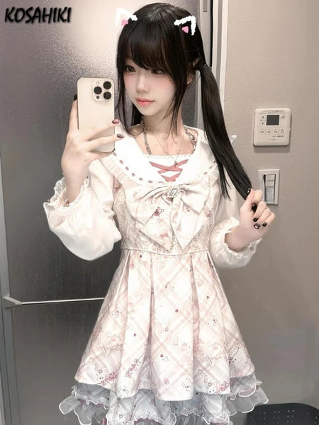 Japanese Y2k Dress Women Sweet Print Bow Vestidos Fake Two Pieces Lace Patchwork Fairy Dress Kawaii Grunge Vintage Dresses