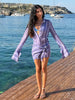 Women Chic Vacation Outfits Striped Print Sheer Chiffon Shirt Casual Turn-down Collar Mini Dress & Detachable Scarf