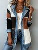Women Ribbed Denim Patchwork Blazer Lapel Long Sleeve Single Button Casual Mid Length Jacket Ladies Spring Autumn Outerwear