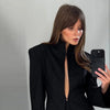 Black Shorts Set For Women Elelgant Stand Collar Deep Cutout Slim Blazer Wide Leg Shorts Lady Spring Chic Outfits