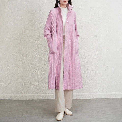 Pleated Lapel Collar Autumn Winter Thickened Pleated Women's Trench Coat Chic Loose Single Breasted Cotton Jacket