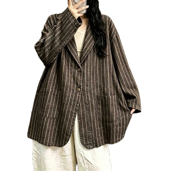 Retro Oversize Striped Coat for Women Autumn Artistic Simple Notched Loose Casual Mid-length Tailored Coat