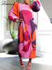 O-Neck Long Lantern Sleeve Loose Mid Dress Women Print Patchwork Pleated Gown Evening Holidays Festivals Birthday Robe