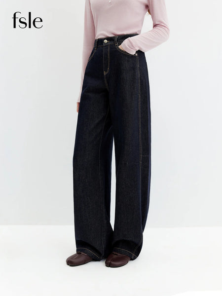 Fall Women‘s High Rise Raw Denim Barrel Leg Jeans, Slim Straight Horseshoe Trousers for Modern Minimalist Style