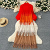 Tassel Patchwok Color Block Dress for Women Pleated Puff Sleeve Mid-calf Dresses Female Autumn