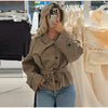 Plaid Short Trench Coat Women Lapel Collar Double Breasted Belted Waist Long Sleeve Loose Jacket Autumn Casual Chic Coats