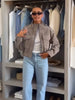 Women Faux Suede Jacket Zip Up Stand Collar Flap Pockets Loose Long Sleeve Oversized Cropped Jackets Lady Vintage Autumn Coats