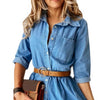 Denim Dress Three Quarter Sleeve with Belt Turn-down Collar Spring Autumn Buttons Ruffle Jeans Dresses for Women