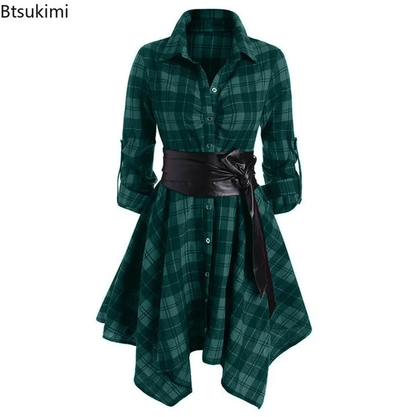 Women's Autumn Winter Irregular Red Lapel Button Up Long Sleeves Shirt Dress Belt Decoration Casual Birthday Party Costume Dress