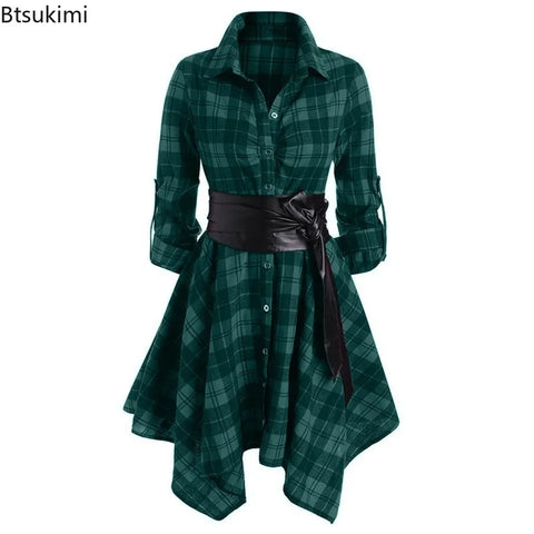 Women's Autumn Winter Irregular Red Lapel Button Up Long Sleeves Shirt Dress Belt Decoration Casual Birthday Party Costume Dress