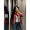 Women Stand Collar Leather Pilot Jacket Red Zipper Cropped Long Sleeve Coat Casual Outerwear Lady Autumn Casual Coat
