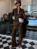 Loose Brown Satin Women's Two Pieces Set Elegant Long Sleeve Shirt With High Waist Wide Pants Set FemalaCla