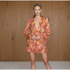 Sexy Floral Printed Mini Dress Women V-neck Flared Sleeve Waist Cinching Ruffle Bodycon Vestido Lady Party Vacation Gowns