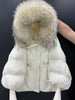 Janveny2026 Winter Large Real Fur Hooded Puffer Jacket Women Thicken Warm Knitted Sleeve Coat White Duck Down Mid Long Parka