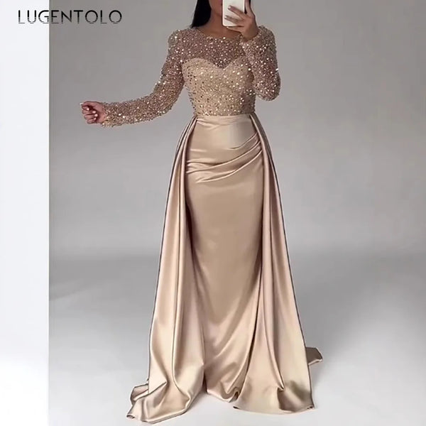 Women Party Dress Long Sleeve Sequins Empire Mesh Elegant O-neck Lady Big Swing Banquet Temperament Clothing