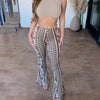 Personalized and street style women's high elasticity tight fitting slightly flared sexy printed pants women's pants