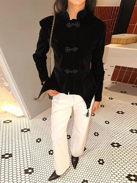 Frog Closure Velvet Tassel Jacket Slim Long Sleeve Mandarin Collar Spring Elegant Women Outerwear Chic Lady Coat