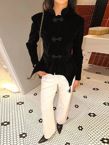 Frog Closure Velvet Tassel Jacket Slim Long Sleeve Mandarin Collar Spring Elegant Women Outerwear Chic Lady Coat