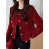 Wine Red Tweed Coats Female Autumn Winter Temperament Short Jacket Korean All-Match O-Neck Outerwear