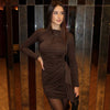 Sexy Pleated Ribbon Short Dress Women Solid Long Sleeve Slim Empire Hip Package Party Dress Spring Night Club Robe