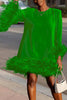 Women's Mini Dress Feather Hem Cocktail Evening Party Elegant Dress Spring Round Neck Solid Y2K Straigth Loose Dress