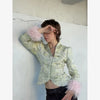 Light Green Landscape Print Jackets Women Chic Stand Collar Furry Cuff Single Breasted Slim Cropped Coat Lady Autumn Daily Wear