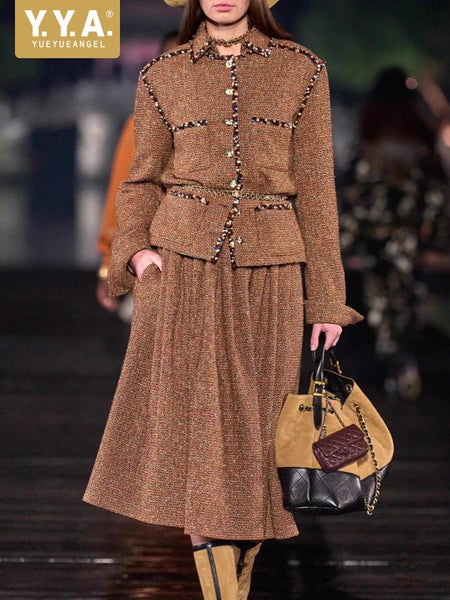 Female Elegant Turndown Collar Sequin Tweed Jacket Sets Belt Single Breasted Autumn Coat Two-Piece Set Mid-Calf Skirts Outfits