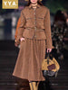 Female Elegant Turndown Collar Sequin Tweed Jacket Sets Belt Single Breasted Autumn Coat Two-Piece Set Mid-Calf Skirts Outfits