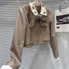 Autumn Women's Two-pieces Set Bow Tie Scarf Plaid Short Jacket Casual Versatile Belt Shorts Sets Female 11A06528