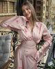 Autumn Elegant Printed Satin Long Dress Women Slim Lace Up V-neck Full Sleeve Pleat Dresses Lady Party Evening Robes