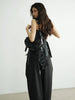 High Elastic Waist Black Pleated Ruffles Long Wide Leg Pants Trousers Women Tide Spring Autumn 1DH8255
