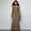 Solid Ribbed Trumpet Long Sleeve Maxi Dress Back Lace-Up Straps Elegant Casual For Women A little thinner Dresses All seasons