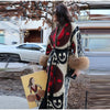 Vintage Ethnic Geometric Print Coat Women Belted Waist Faux Fur Cuff Patchwork Open Front Maxi Robe Autumn Winter Chic Cardigan