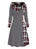 Knitted hooded dress plaid print stitching fake buckle high waist long sleeve A-line dress female