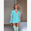Solid Lapel Shirts 2 Piece Sets Women Chic Lapel Hollow Out Blazer Wrap Hip Slim Fit Mini Skirts Suits Lady Daily Wear