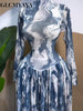 Women Long Sleeve Tie Dye Print O-neck Big Swing Midi A-line Long Maxi Dress Elegant Evening Birthday Party Dresses