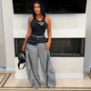 Women Denim Patchwork Pocket Side Wide Leg Loose Jogger Pants Active Jean Splicing Sweatpants Trousers
